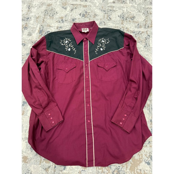 Ely Cattleman Other - Ely Cattleman Mens 2XL Western Snap Shirt Burgundy Black Floral Embroidered